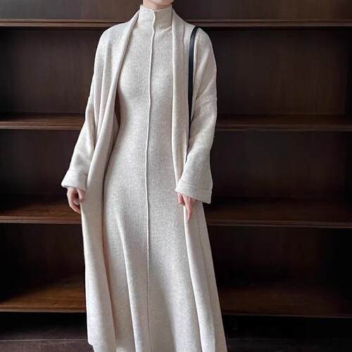 Long knitted cardigan sweater set, women's high neck