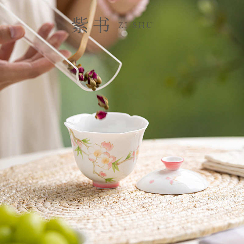 舟柒手绘陶瓷纳福盖碗茶杯单个高档二才茶具泡茶碗陶瓷壶承带盖子