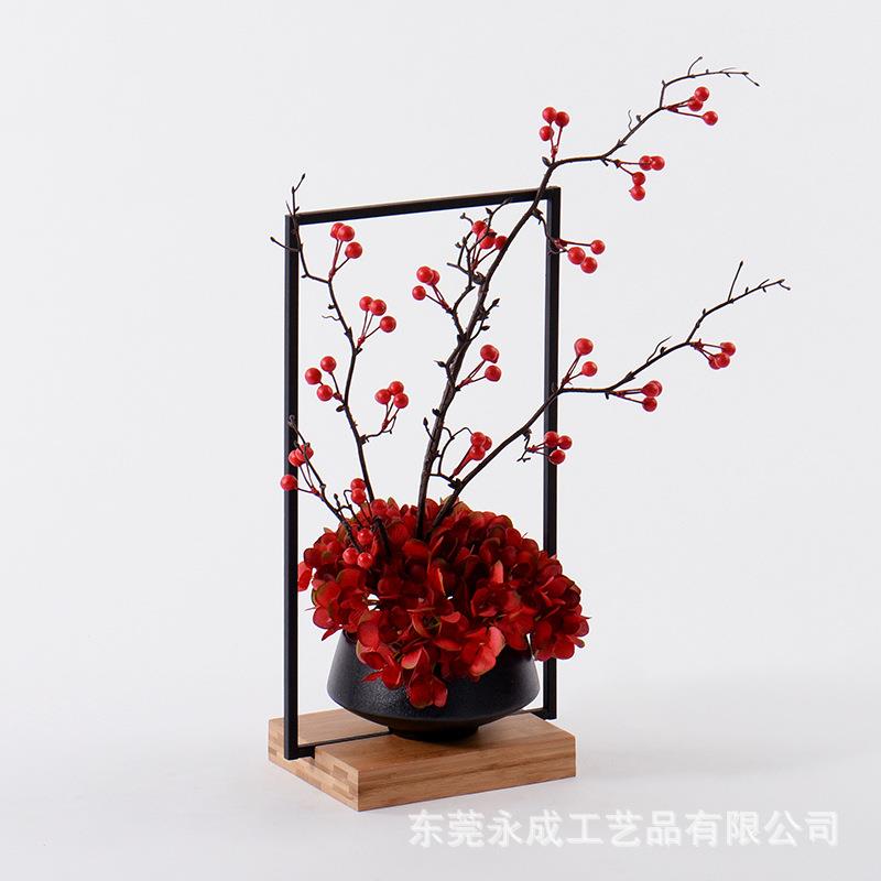 新中式红浆果仿真花艺盆景摆件酒店大堂售楼处艺术洽谈桌花装饰品