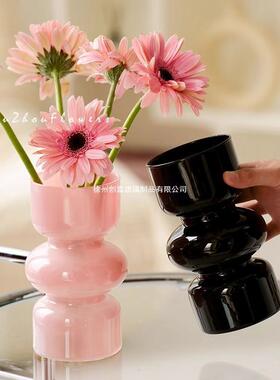 中古小众玻璃花瓶法式小摆件客厅黑色透明插花水培鲜花干花高级感