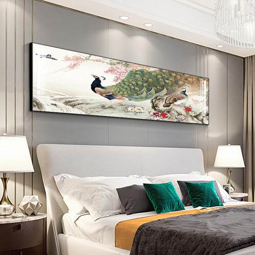 高档孔雀室床头装饰挂画现代简约主卧画客卧厅背墙壁画晶瓷景镶钻