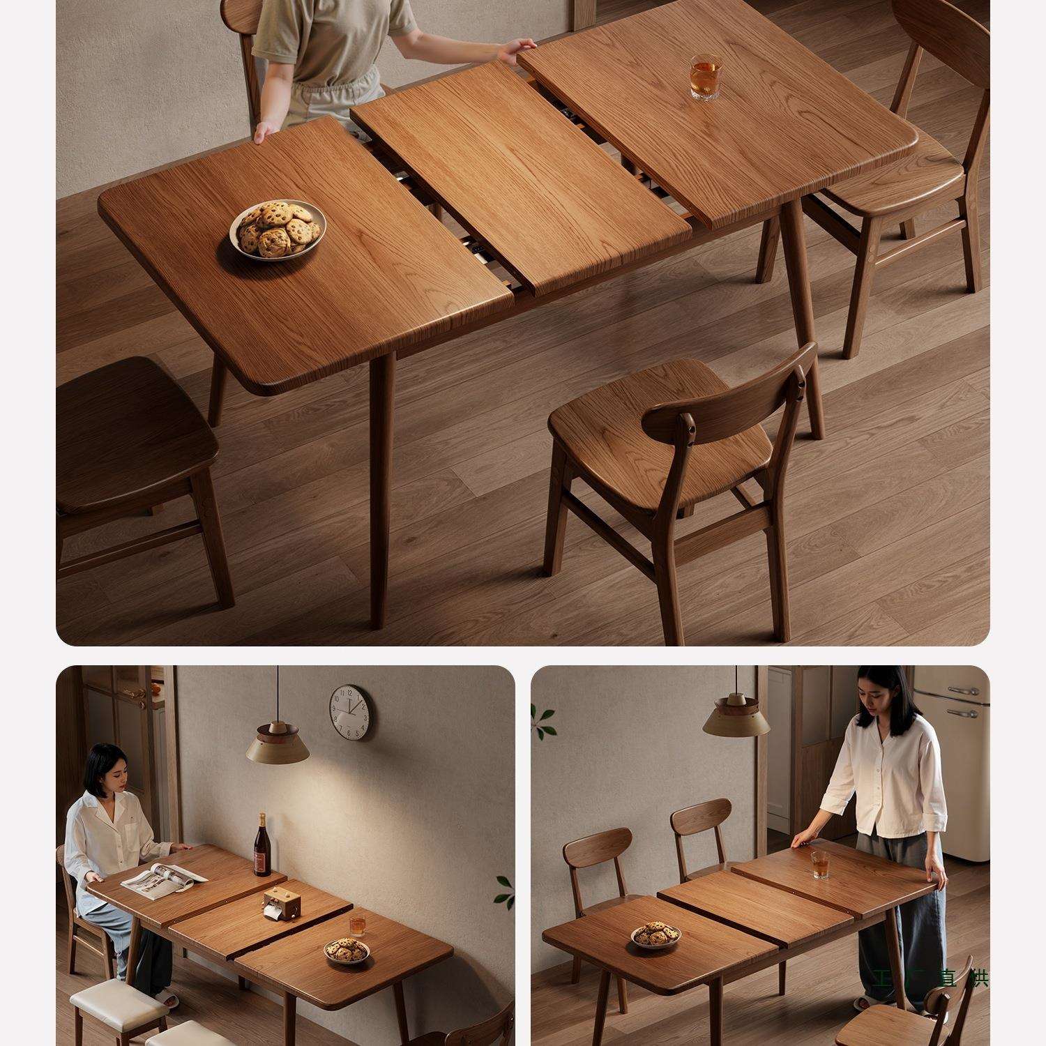 伸缩餐桌家用小户型吃饭桌子长方形餐桌椅中古饭桌实木折叠小餐桌