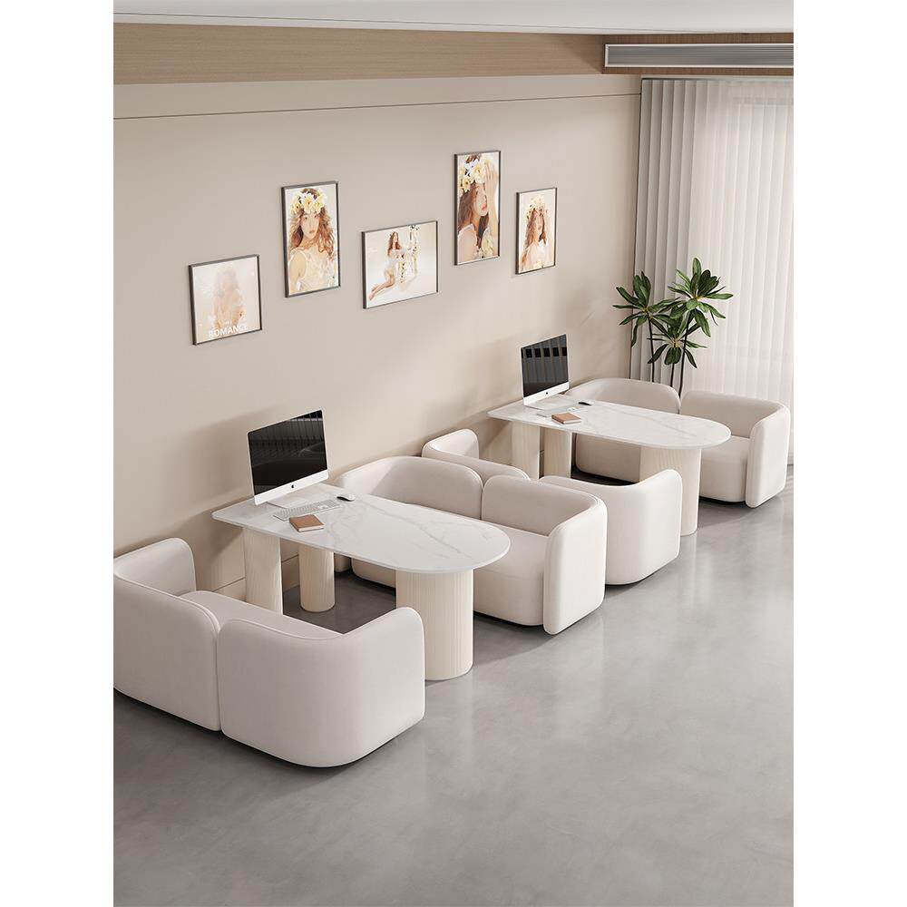 奶油风影楼选片桌椅美甲美容院休闲休息区沙发婚纱店接待谈单卡座