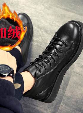 鞋子男冬鞋季加绒高帮皮皮鞋韩版潮流百搭板黑色真2204新款马