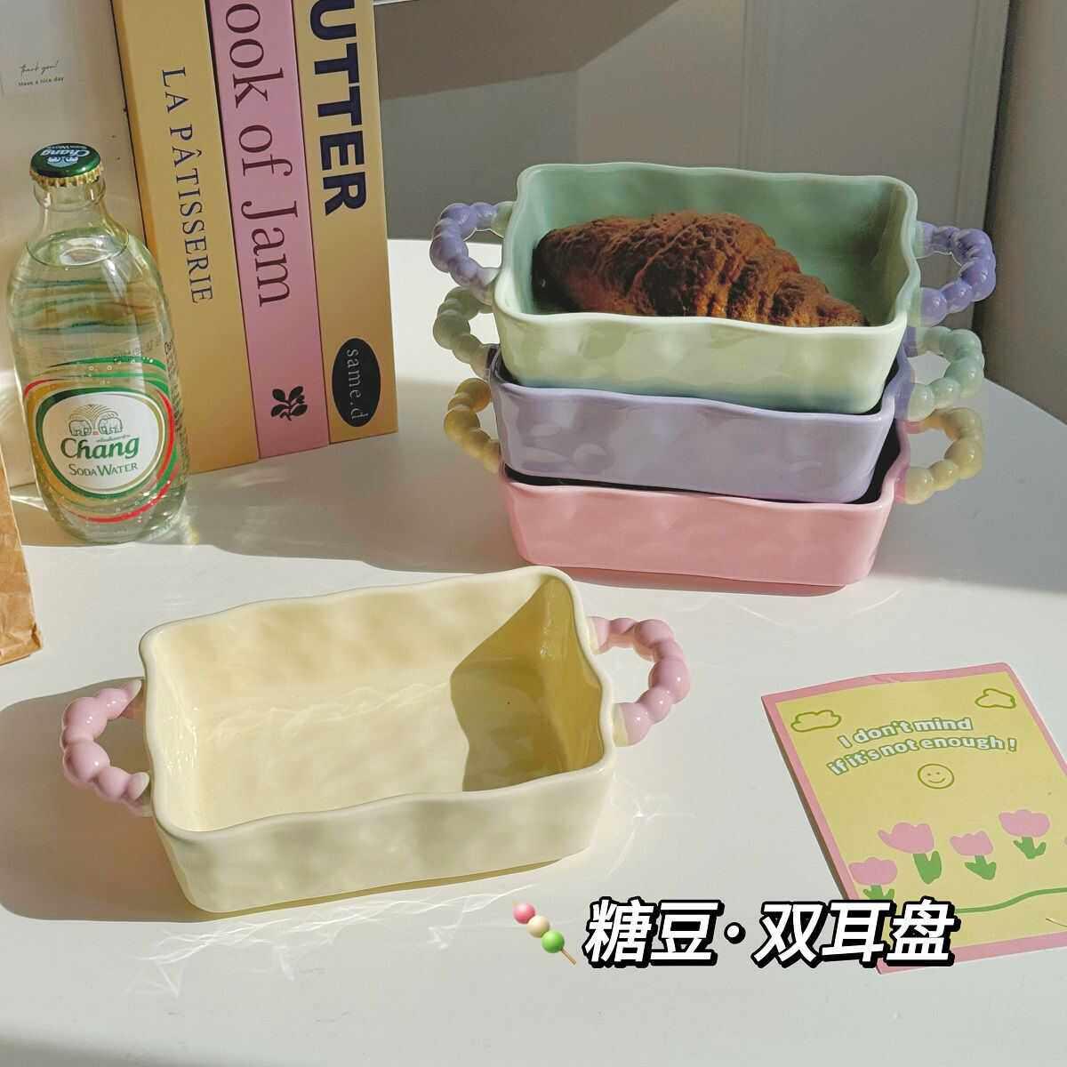 双耳烤盘陶瓷烤碗焗饭盘长方形盘子微波炉烤箱专用双耳盘家用深盘