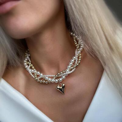 Weaving bead necklace, heart pendant, imitation pearl