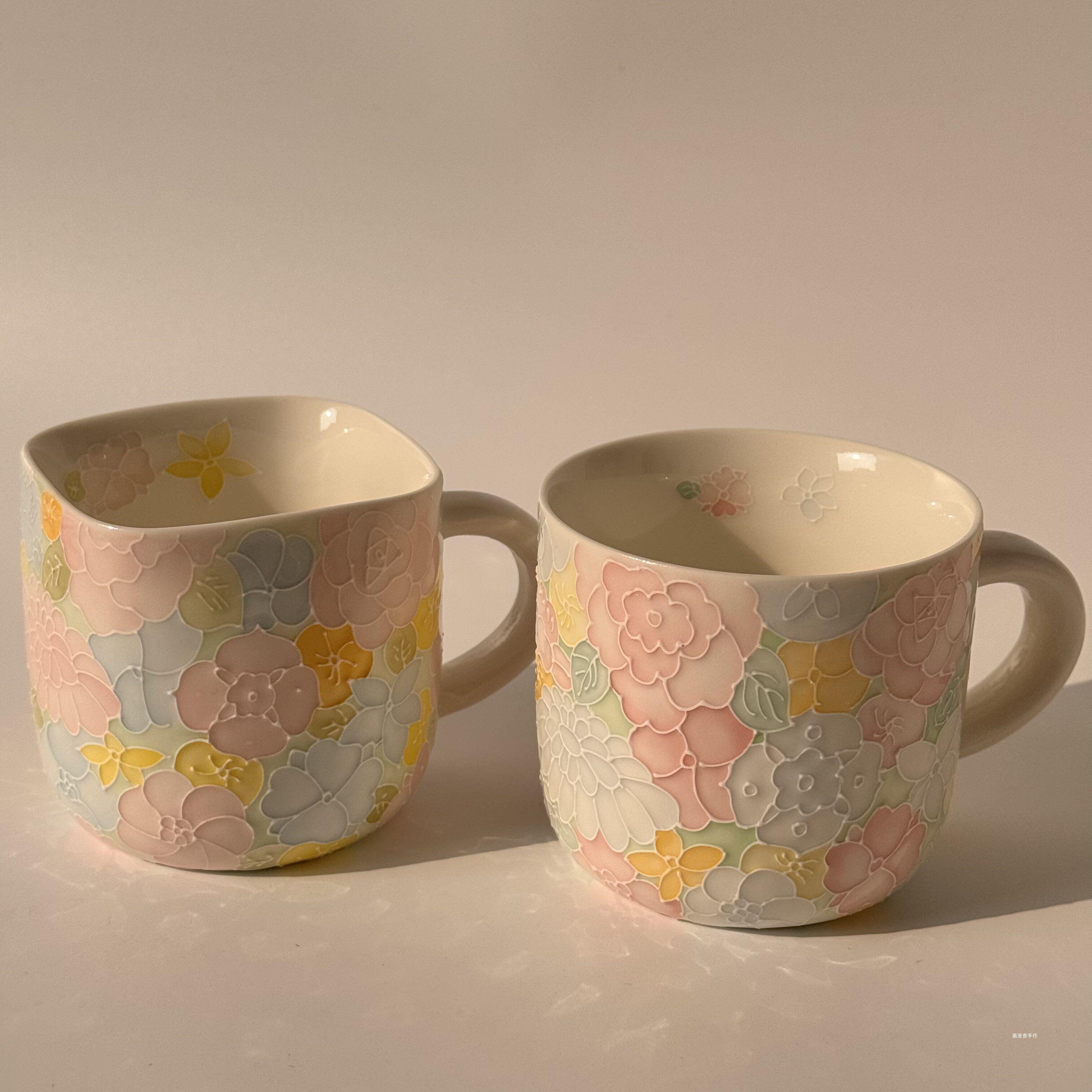景德镇手绘万花杯高颜值马克杯方口咖啡杯家用办公室陶瓷喝水杯子