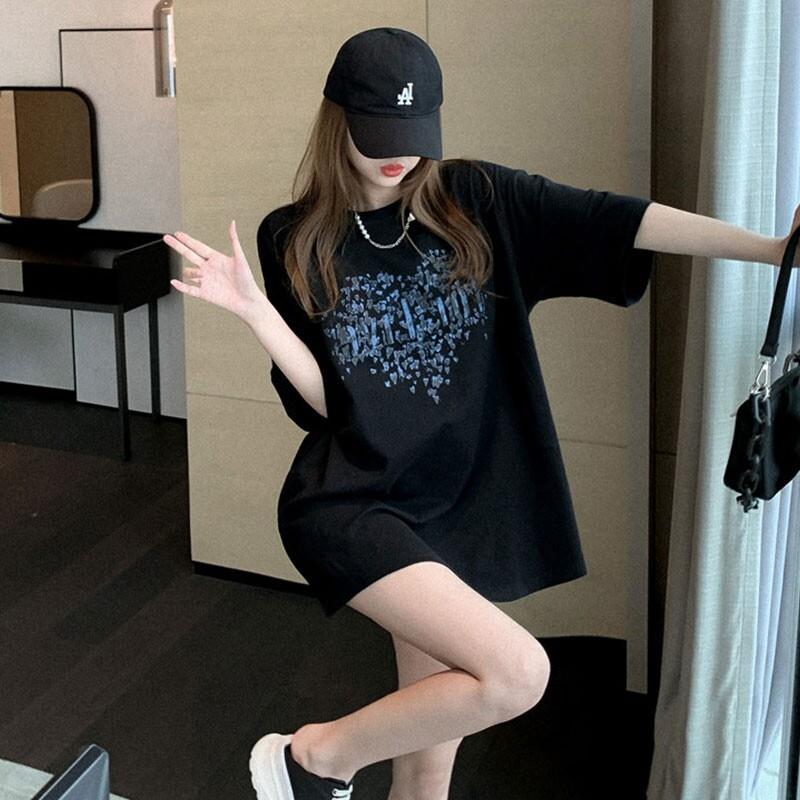 欧洲站中长版T恤女2025年夏季新款潮纯棉短袖遮屁股宽松网红上衣