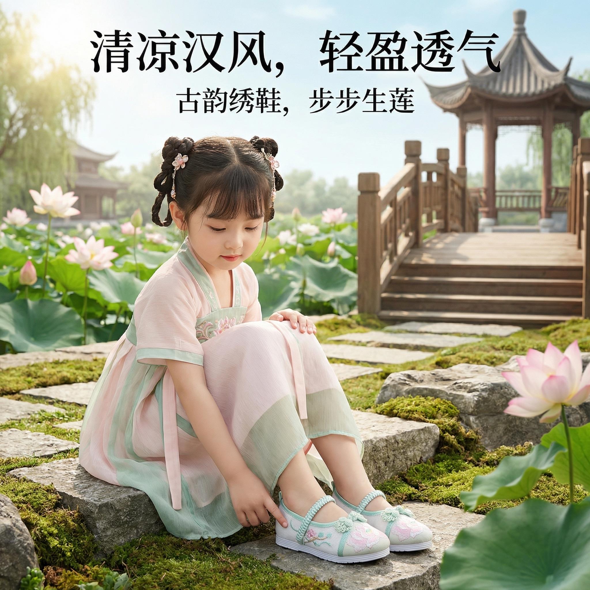 汉服鞋女童马面裙国风绣花鞋新款古风鞋儿童民族风网鞋女款古装鞋图片
