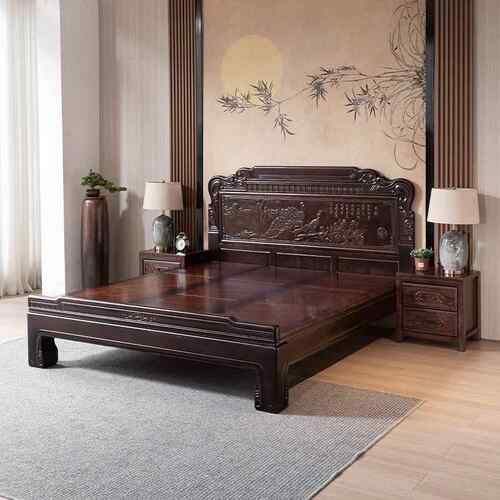 YT-887#新中式构紫实檀木榫卯结实木床仿古雕花2.0古M双人卧室床