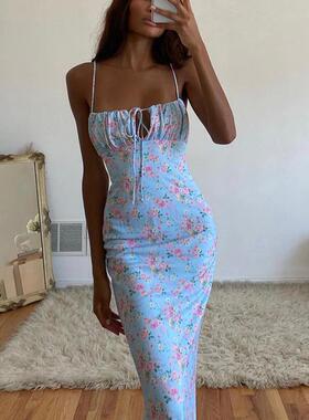 Women'S All Over Print Tie Shoulder Mermaid Hem Cami Maxi