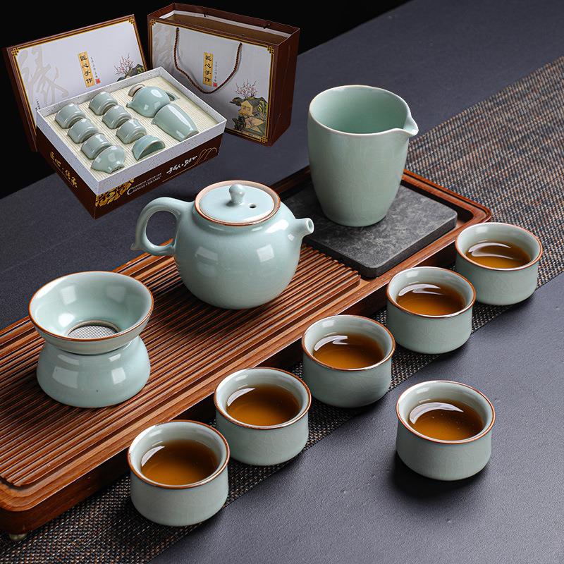 陶瓷开片汝窑十头家用功夫茶具套装礼品茶壶茶具整套可印logo
