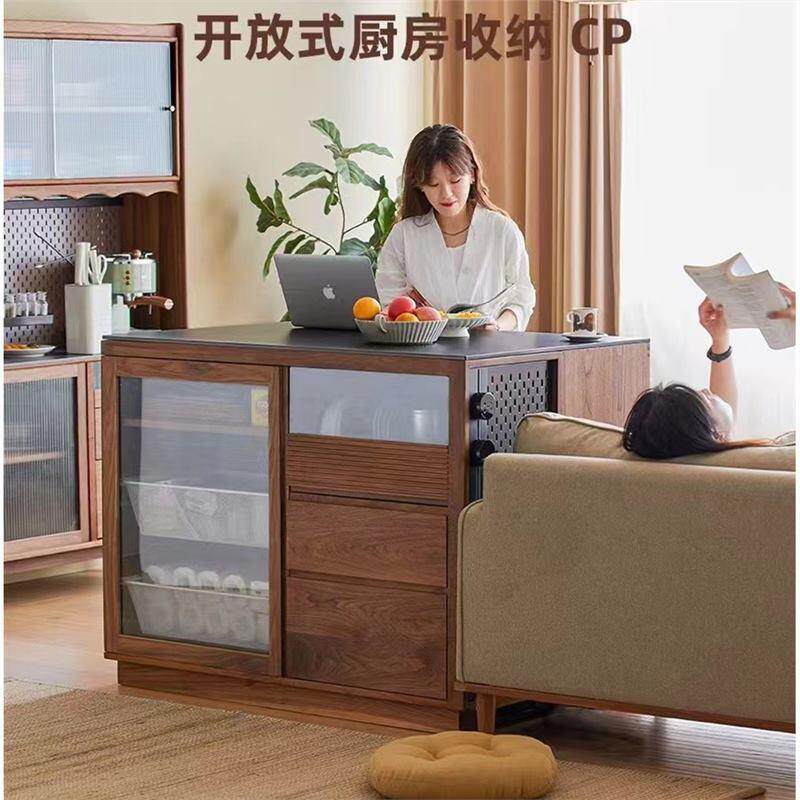 日式黑胡桃木岛台吧台料理台黑胡桃岩板厨房客厅收纳餐边柜中岛