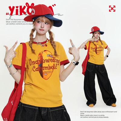 YIKOJIA美式复古撞色拼接杨桃印花短袖T恤女夏季新款辣妹宽松上衣