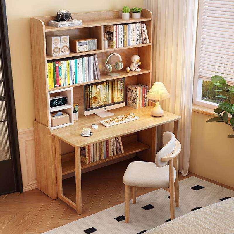 折叠书桌学生家用电脑桌小户型省空间桌子实木书架书柜一体学习桌