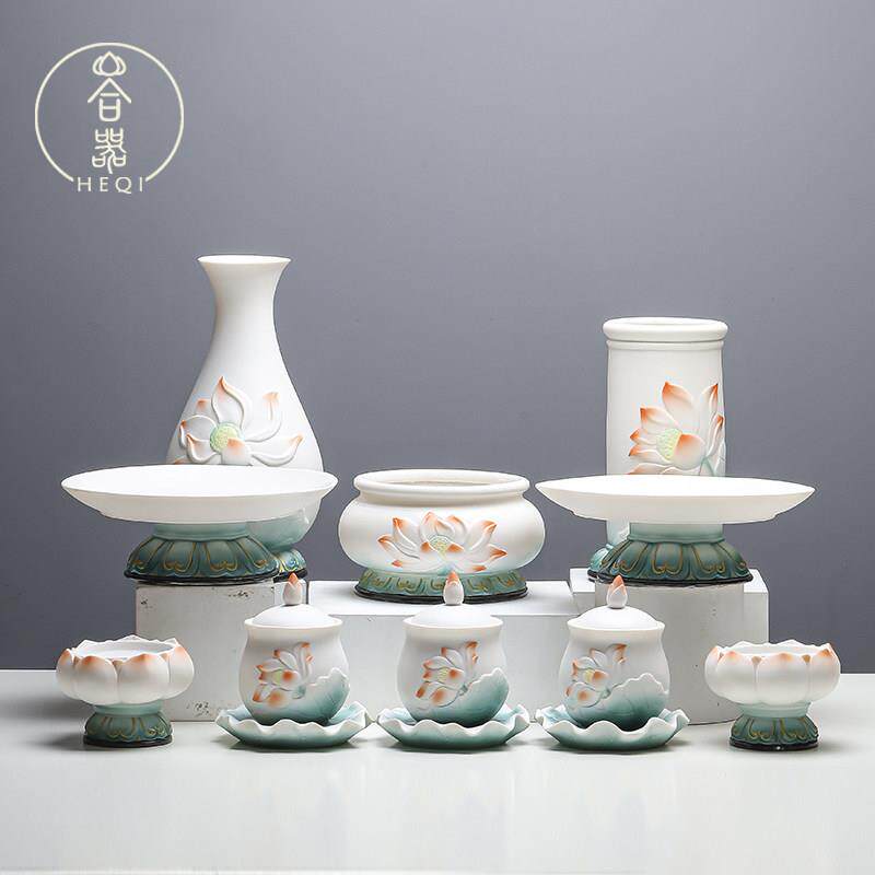 德化陶瓷莲花佛具用品大全香炉供水杯花瓶香筒果盘全套供具摆件