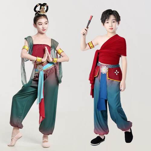 敦煌飞天舞蹈服儿童演出服绝壁敦煌旋鼓飘男生舞蹈套装表演服女童