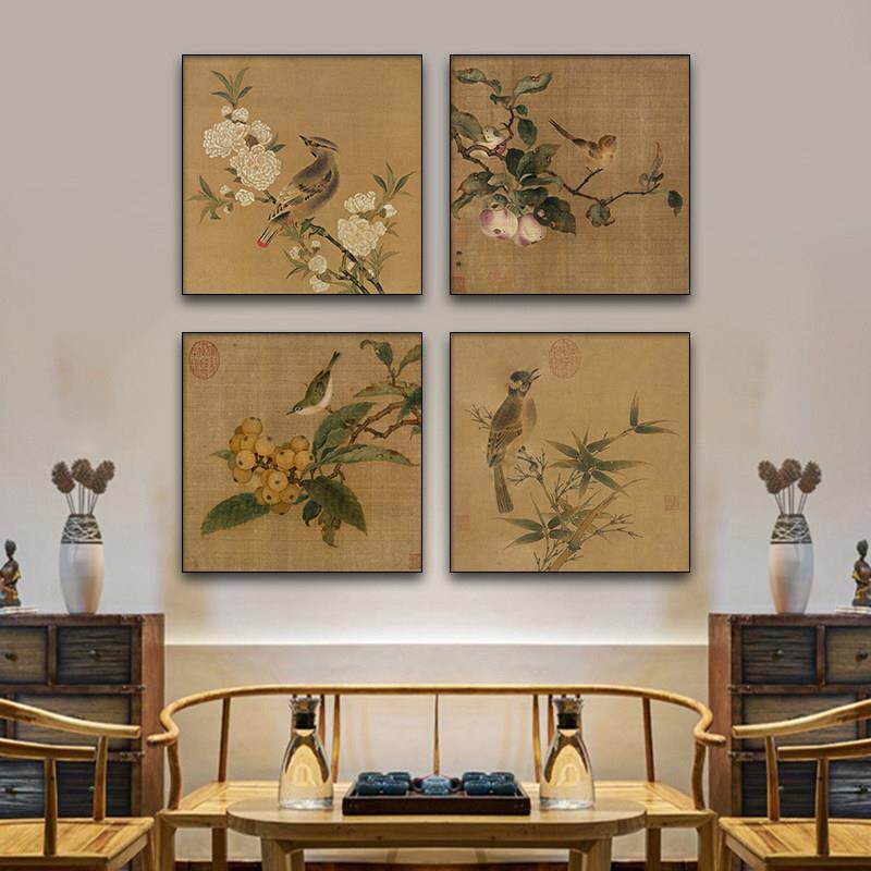 中国风主卧床头挂画工笔花鸟国画饭厅装饰画宋代彷古方形小壁画