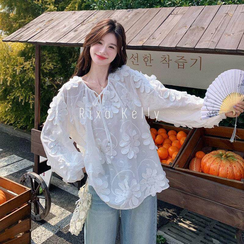 Rixo Kelly立体花朵刺绣设计感衬衫女气质宽松娃娃衫百搭舒适上衣
