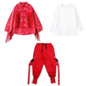 正品 街舞潮红色中风嘻哈套装 宽服松少国儿架子鼓演出服舞幼儿爵士