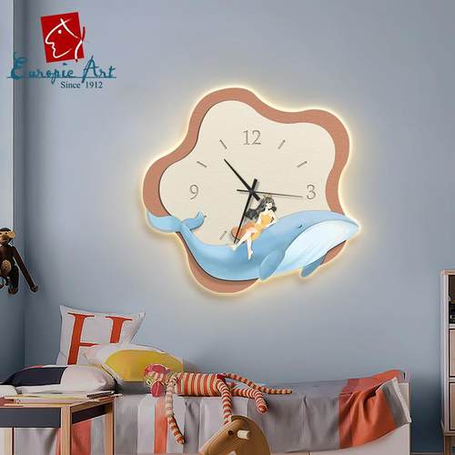 儿童房装饰画女孩卧室海豚带时钟LED氛围灯画墙壁书房家用挂钟画
