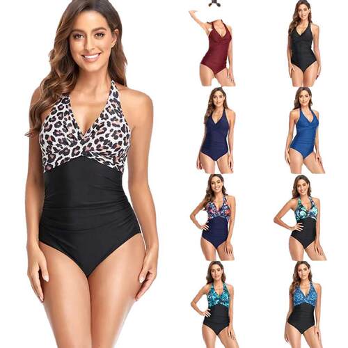 Siamese triangle strap splicing printed swimsuit performance