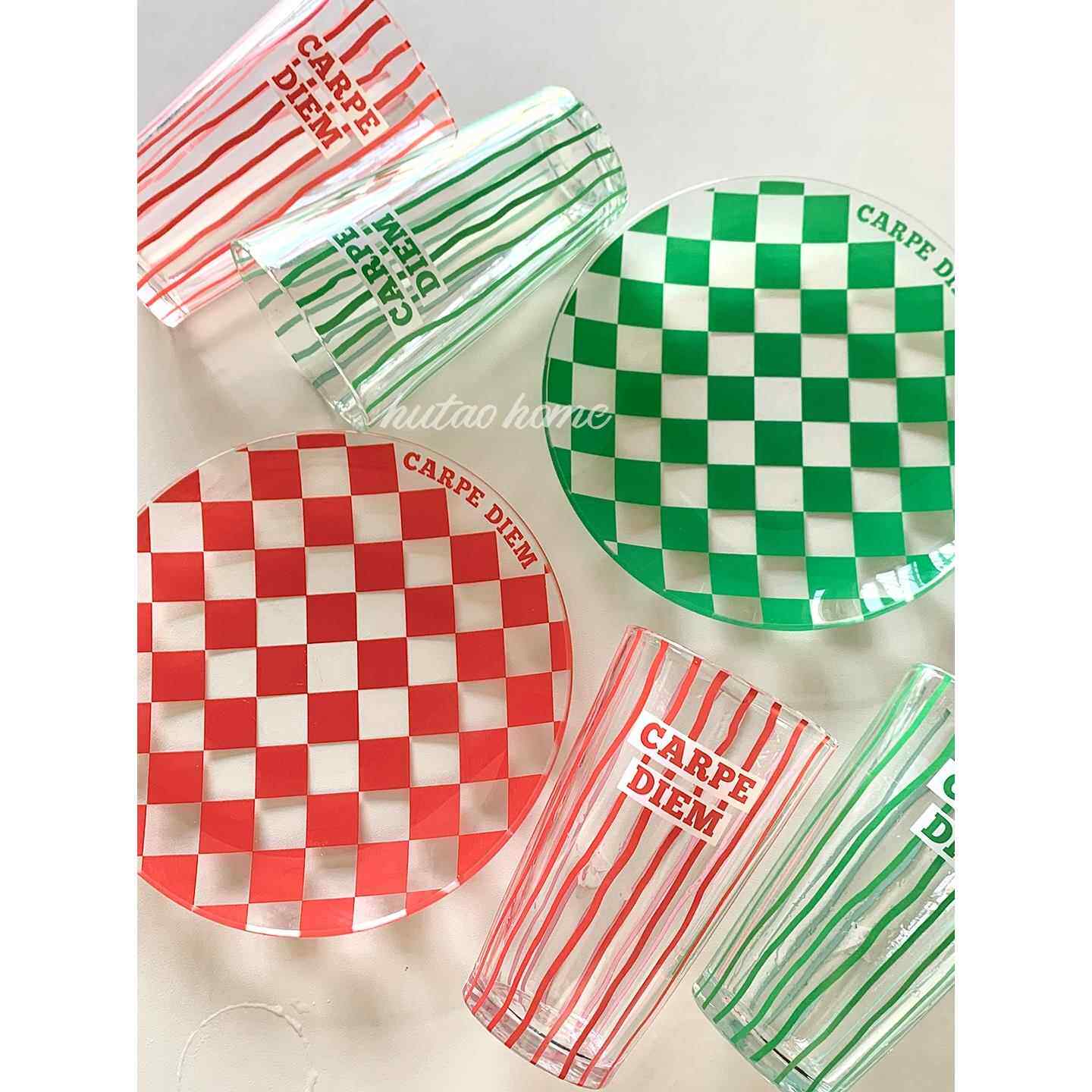 原装老树彩色棋盘格条纹玻璃板冷饮杯果汁杯沙拉盘甜点盘水果盘