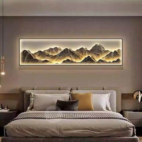 轻奢led带灯卧室床头挂画新中式客厅装饰画沙发背景墙壁画山水画