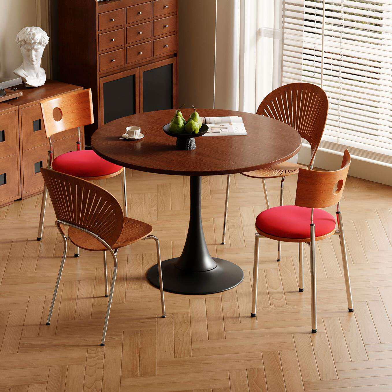 中古风餐桌椅组合套装实木圆形桌子家用胡桃木郁金香圆桌餐厅饭桌