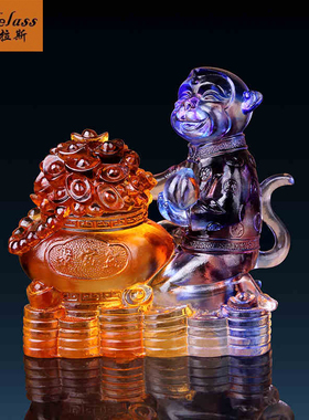 班德拉斯琉璃生肖猕猴献宝摆件家居新婚开业店铺送礼装饰工艺摆件