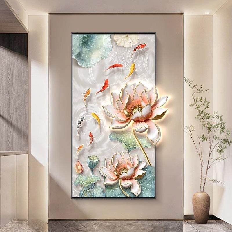 九鱼玄关装饰画轻奢入户门图正对WMM墙高端画现走代廊过道荷挂花