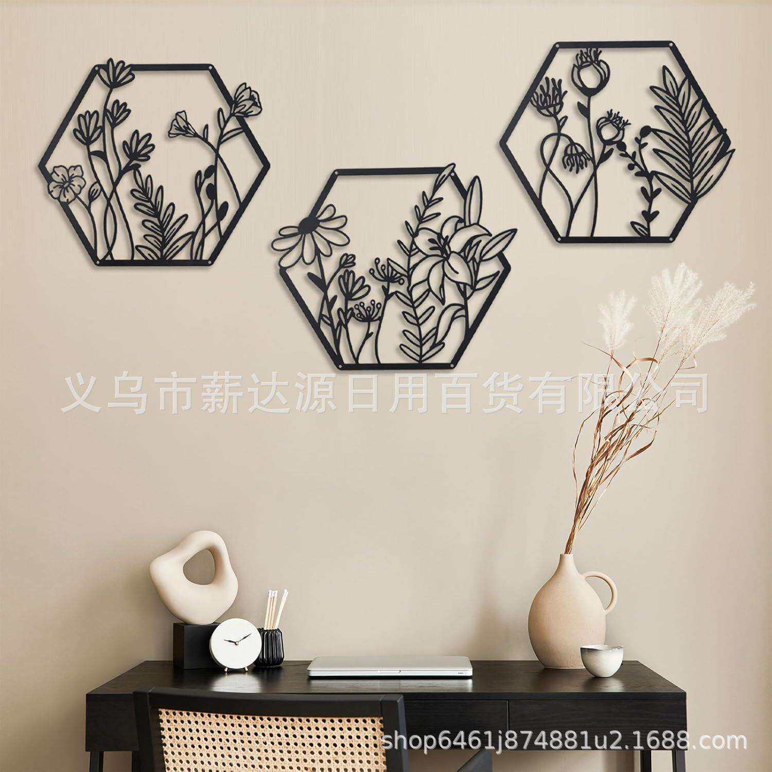 跨境新爆款3件金属花朵墙壁装饰花卉艺术墙饰壁挂画装饰客厅卧室3
