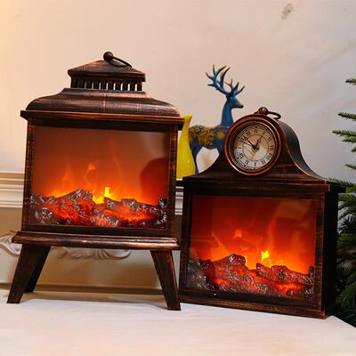 新款壁炉木炭柴火堆火焰风灯摆件圣诞节场景布置装饰品挂钟摆饰