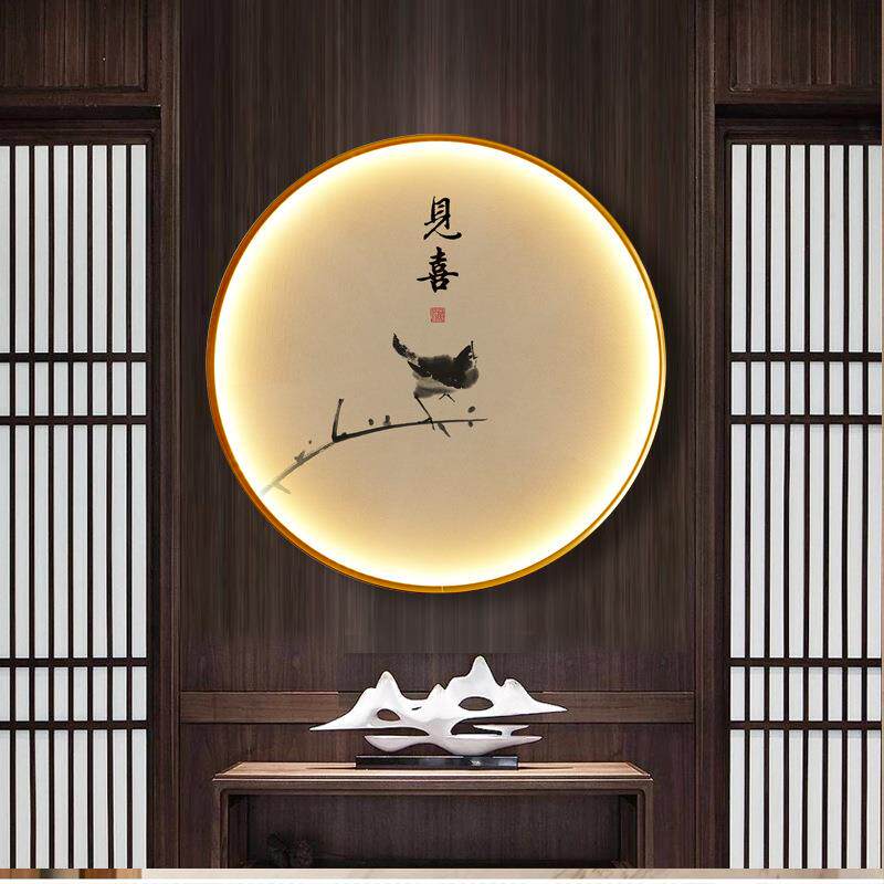 中式圆形挂画入户玄关墙画寓意好见喜带灯发光LED装饰画