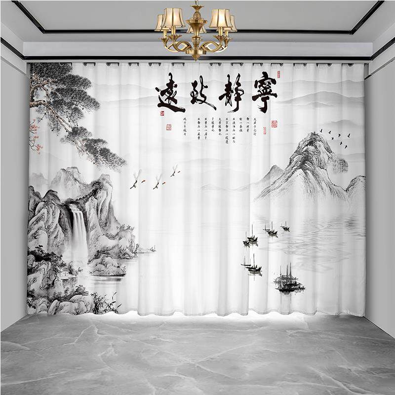 新中式山水画 画窗帘布遮光2025新款国风茶室办公风景室内隔断窗