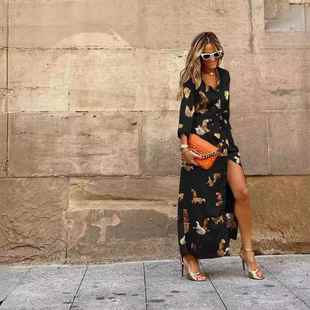 Leopard Neck Womens Sleeve Breasted Long Swing Single