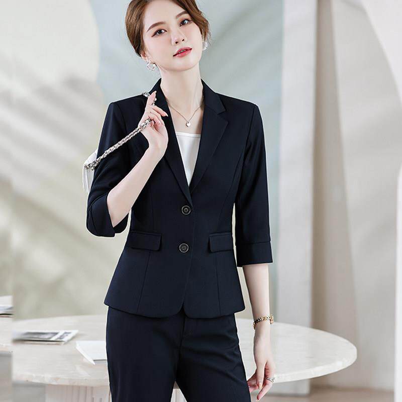 春秋薄款中袖西装女七分袖工作服套装西服工装新款酒店前台职业装