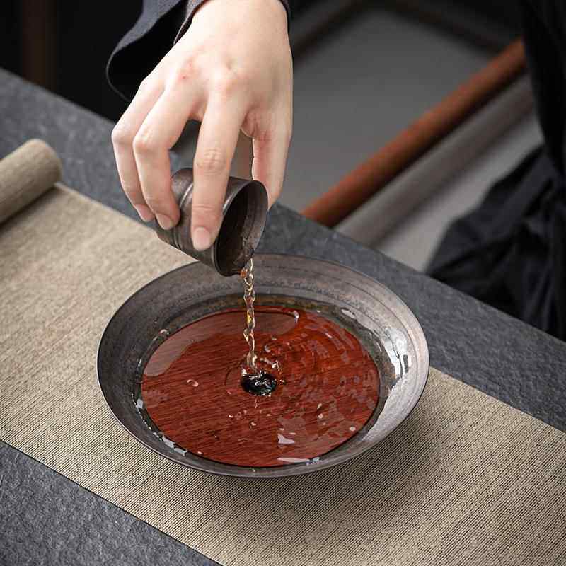 日仿古铜铁釉古承木盖手双层工粗陶铁釉式干泡盘壶陶瓷茶道配件
