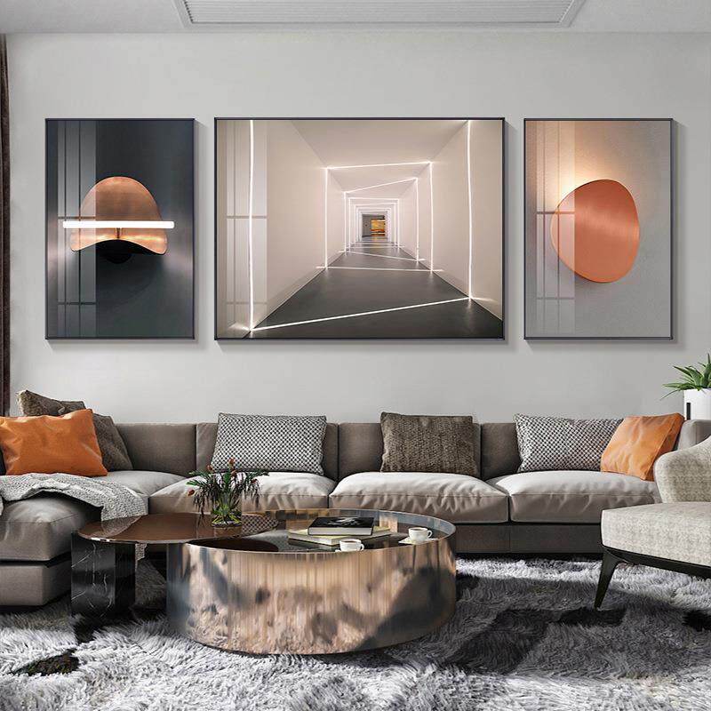 轻奢客厅装饰画现代简约视觉延伸挂画大气酒店办公室抽象三联壁画