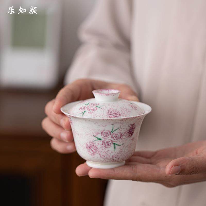 盖碗釉下彩手绘玫瑰花泡茶碗陶瓷功夫茶具家用女士单个敬茶碗盖碗