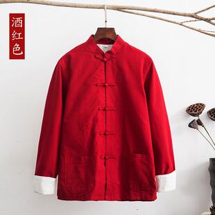 高档中国纯棉男士唐装长袖外套式服中装春风秋老粗布居汉服男长衫