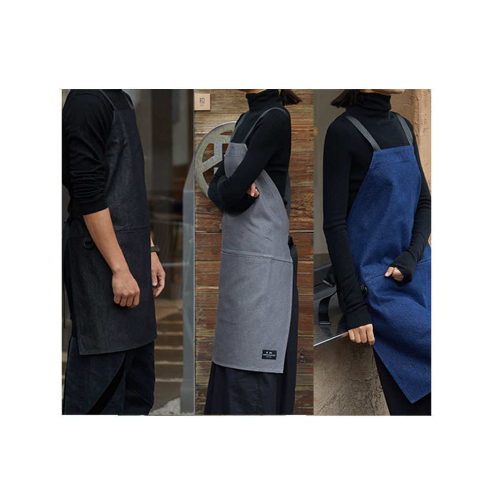 简约内嵌式口袋设计双肩交叉牛仔围裙帆布围裙定印logo咖啡奶茶店