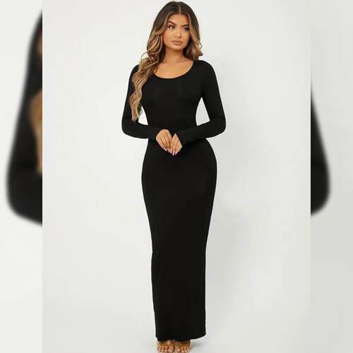 Womens Solid Long Sleeve Scoop Neck Bodycon Dress Elegant