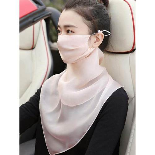 口罩护颈防晒面罩真丝面纱遮脸女丝巾夏季围巾开车薄款