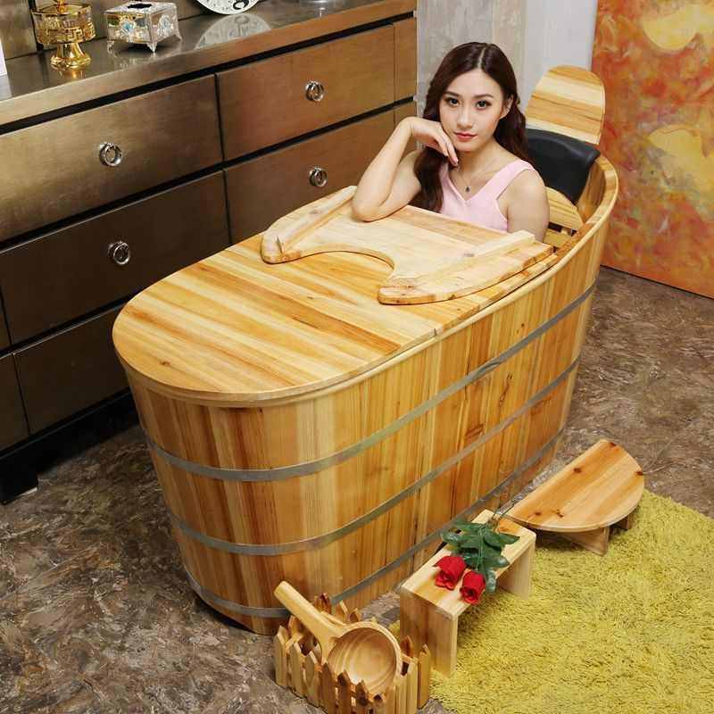 齿接加厚美容院泡澡木桶单成人浴缸浴桶家用洗澡盆沐浴薰蒸桶带盖