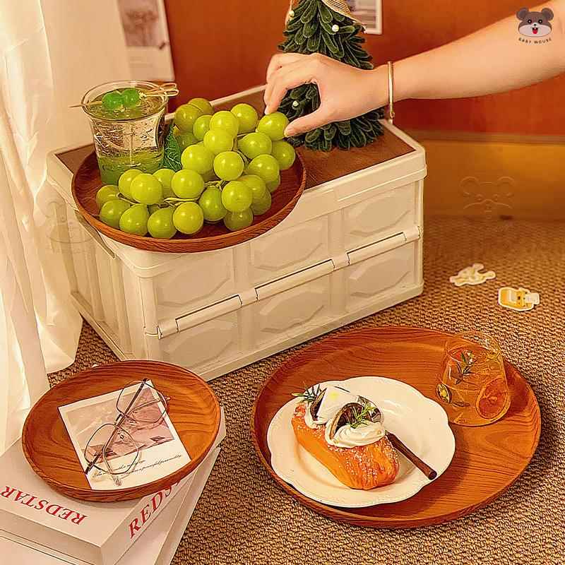 简约彷木纹圆形托盘餐盘家用甜品咖啡蛋糕寿司多功能收纳盘摆盘