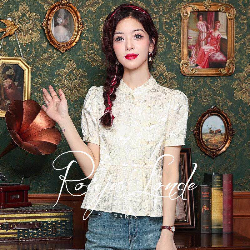 ROUJE LONDE新中式短袖衬衫女夏季轻奢气质显瘦收腰盘扣雪纺上衣