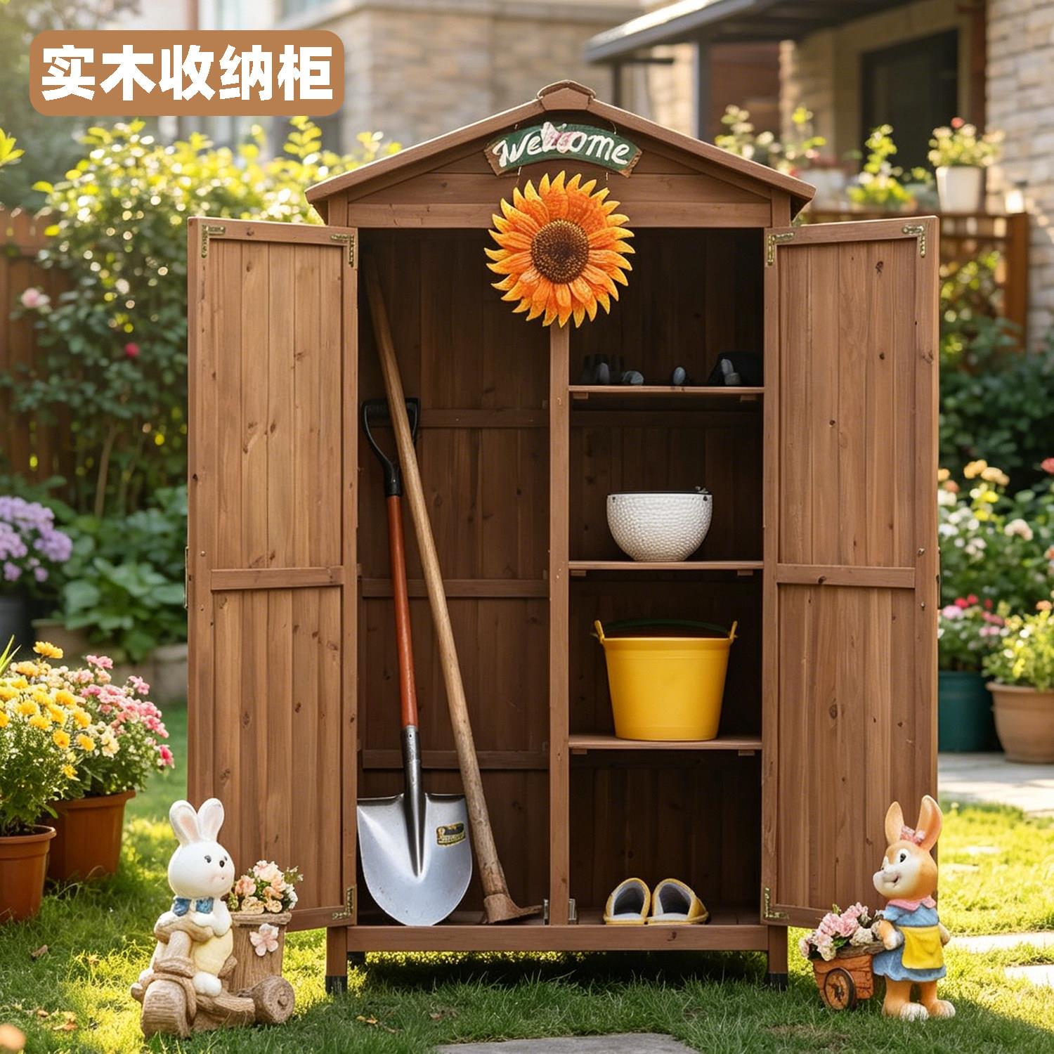 户外储物柜实木柜子别墅花园工具箱露天防晒防水庭院收纳柜工具柜