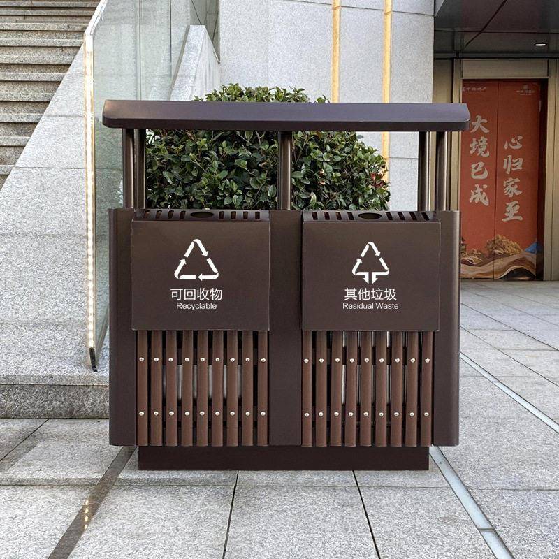 户外垃圾桶钢木镀锌中式户外仿古垃圾筒