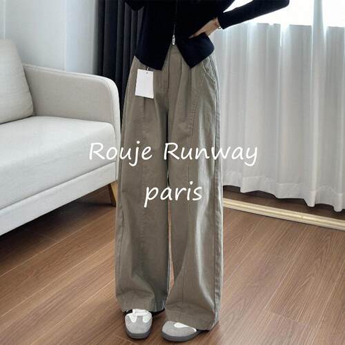 Rouje Runway美式卡其色工装裤女2026新款高腰显瘦弯刀阔腿休闲裤